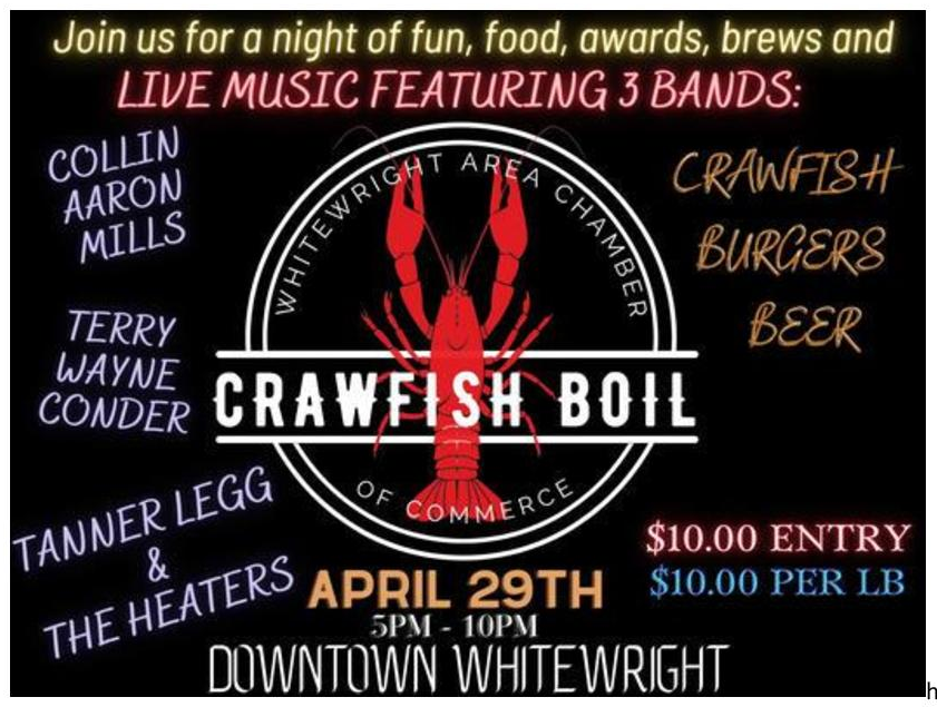 Crawfish Boil - Saturday, April 29th from 5:00 PM to 10:00 PM - Downtown Whitewright, TX